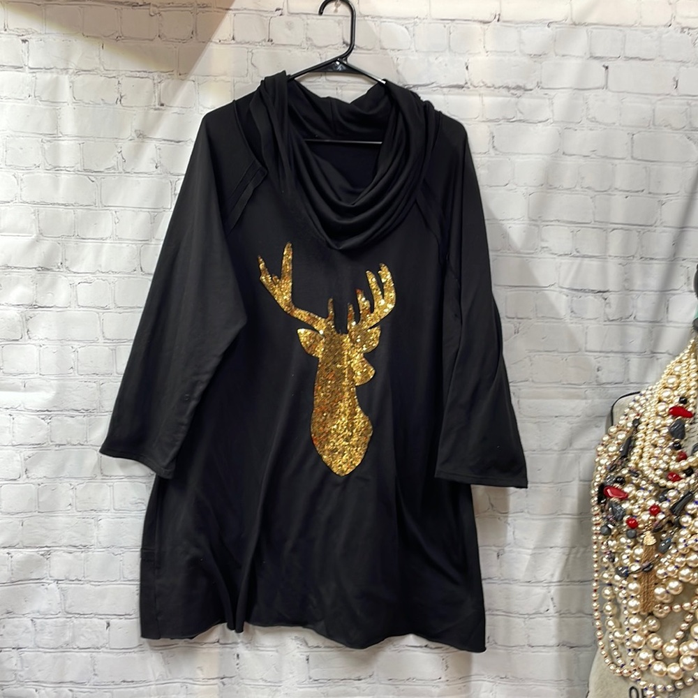 Boutique holiday sweatshirt sequin gold reindeer cowl neck 3x tunic top